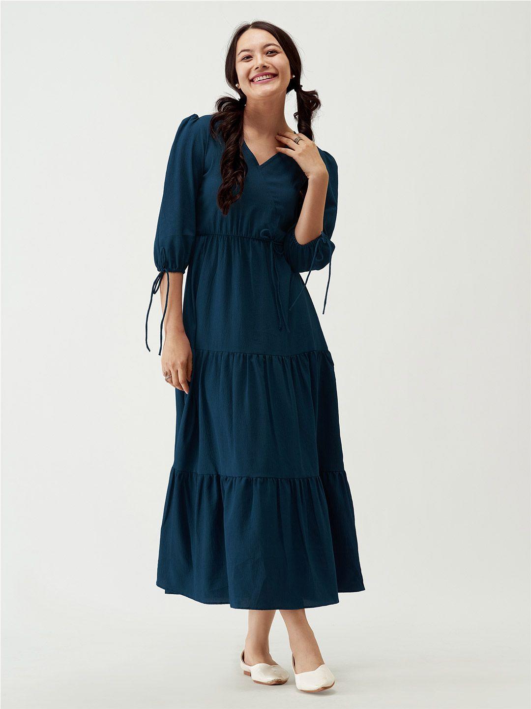 aask puff sleeves tie-up detail tiered maxi a-line dress