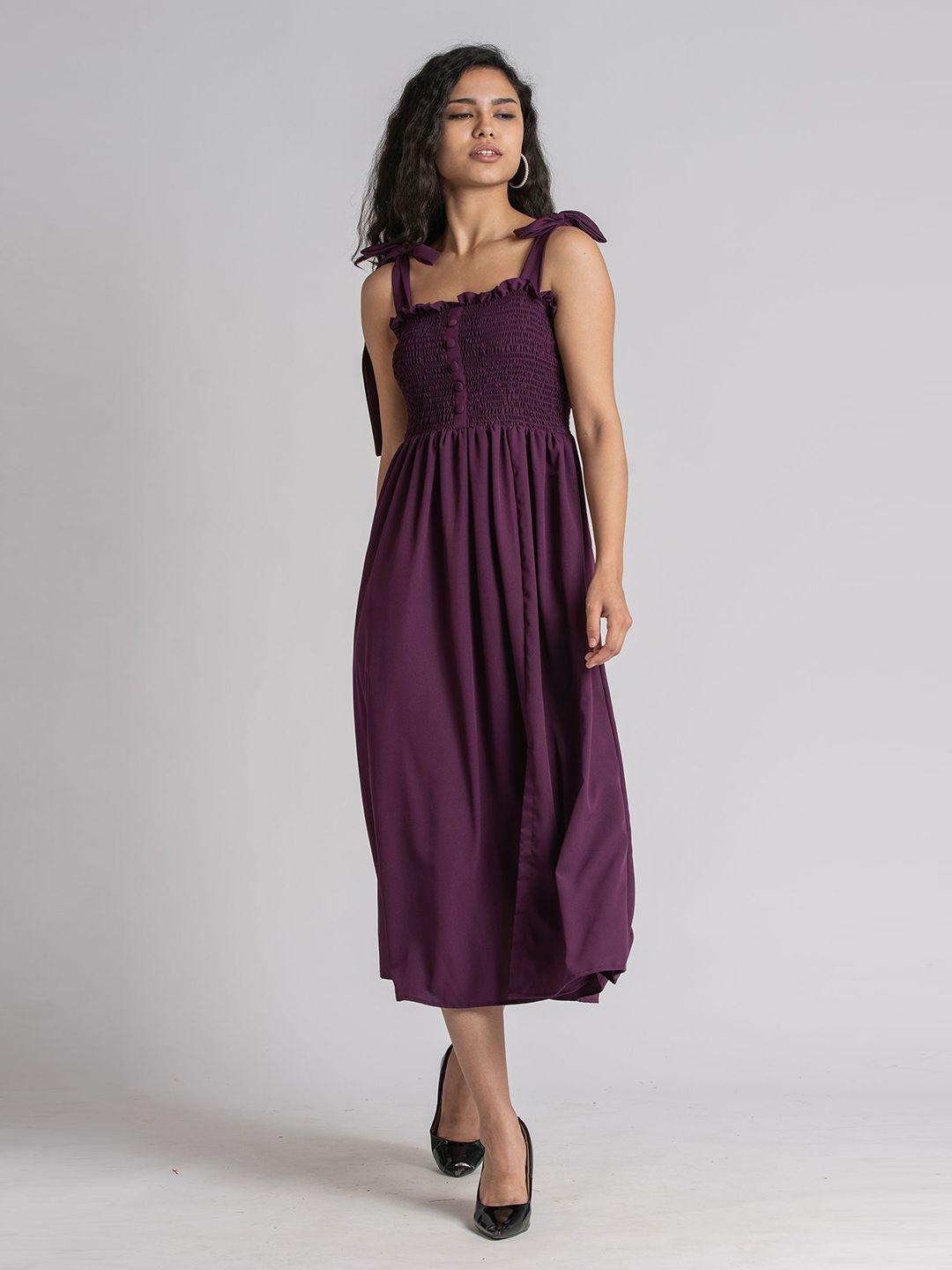 aask purple crepe smocked midi fit & flare dress