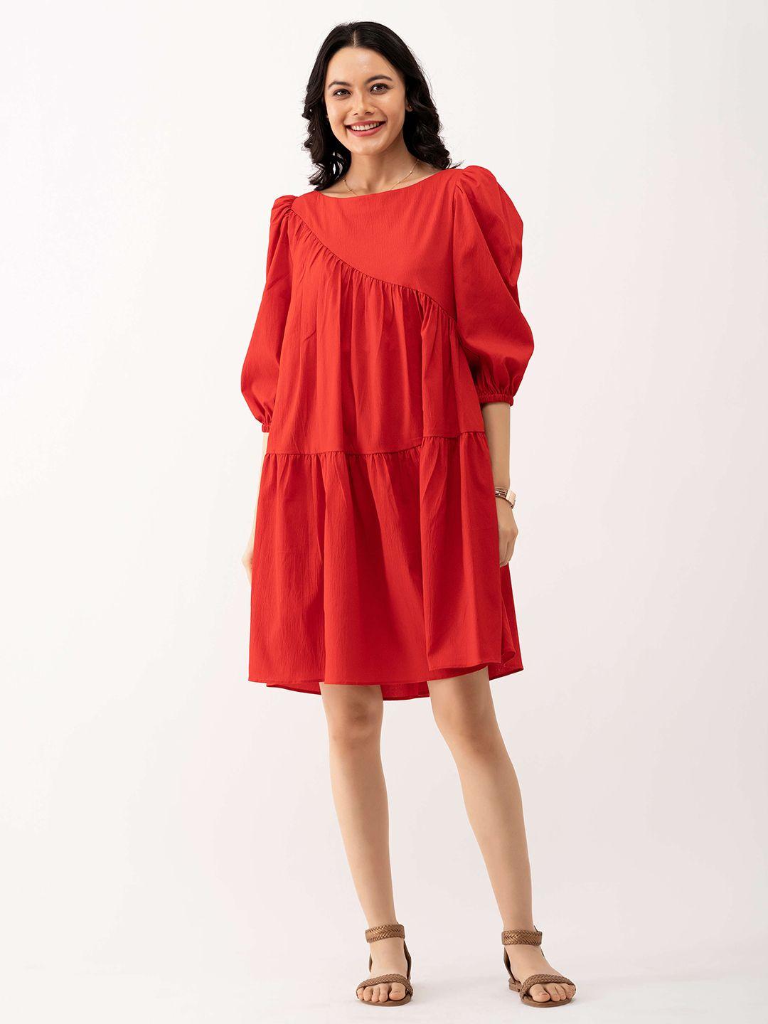 aask red puff sleeve crepe a-line dress