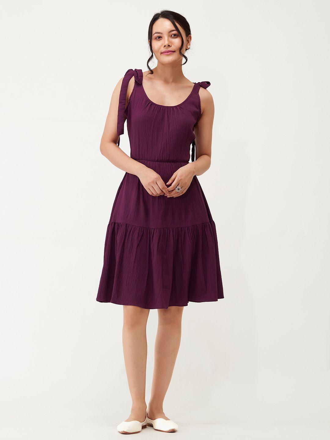 aask round neck tie-up detail crepe dress