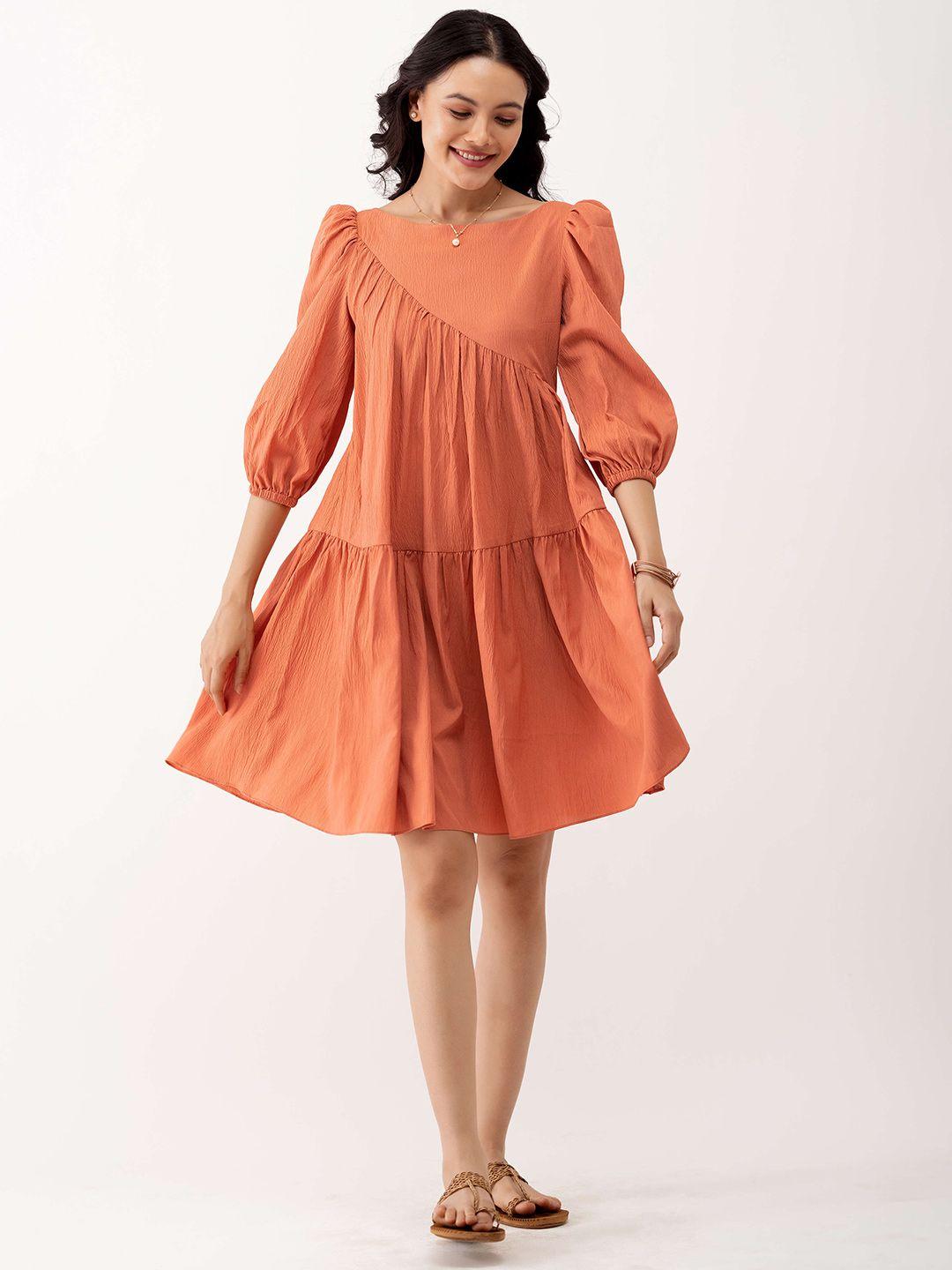 aask rust puff sleeve crepe a-line dress