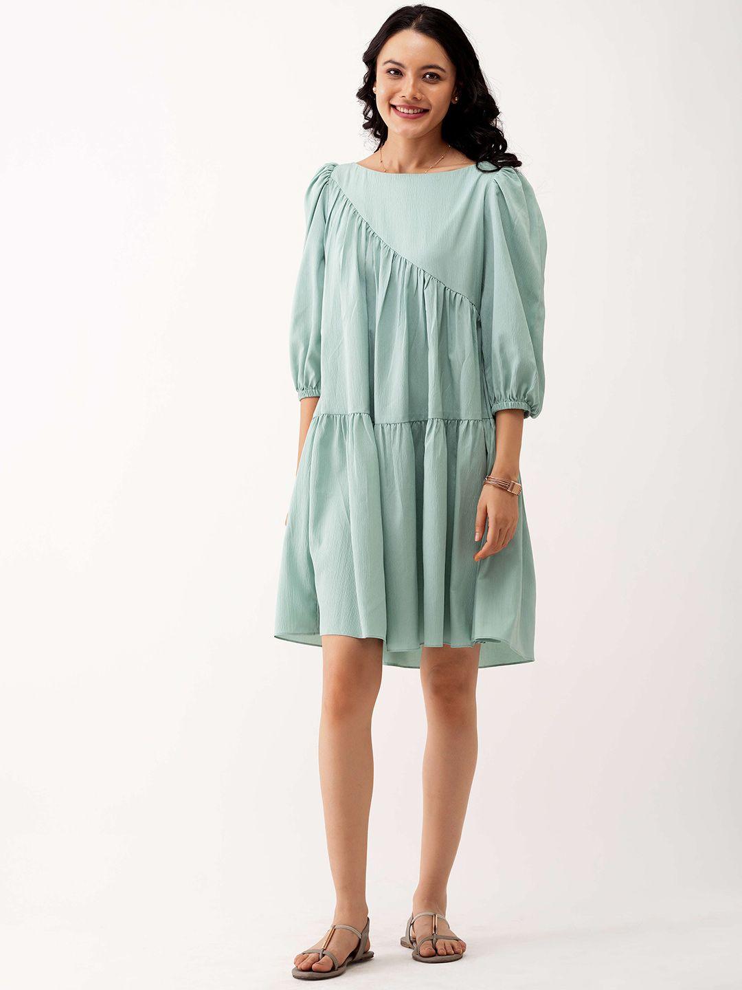 aask sea green puff sleeve crepe a-line dress