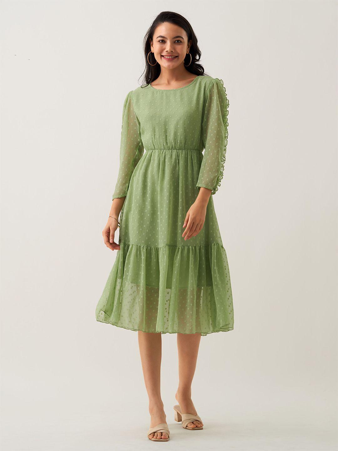 aask self design puff sleeves tiered crepe fit and flare midi dress