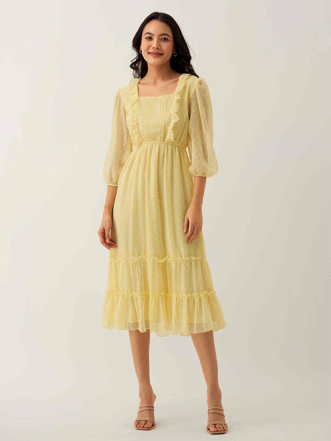 aask self design square neck puff sleeves gathered or pleated fit & flare midi dress