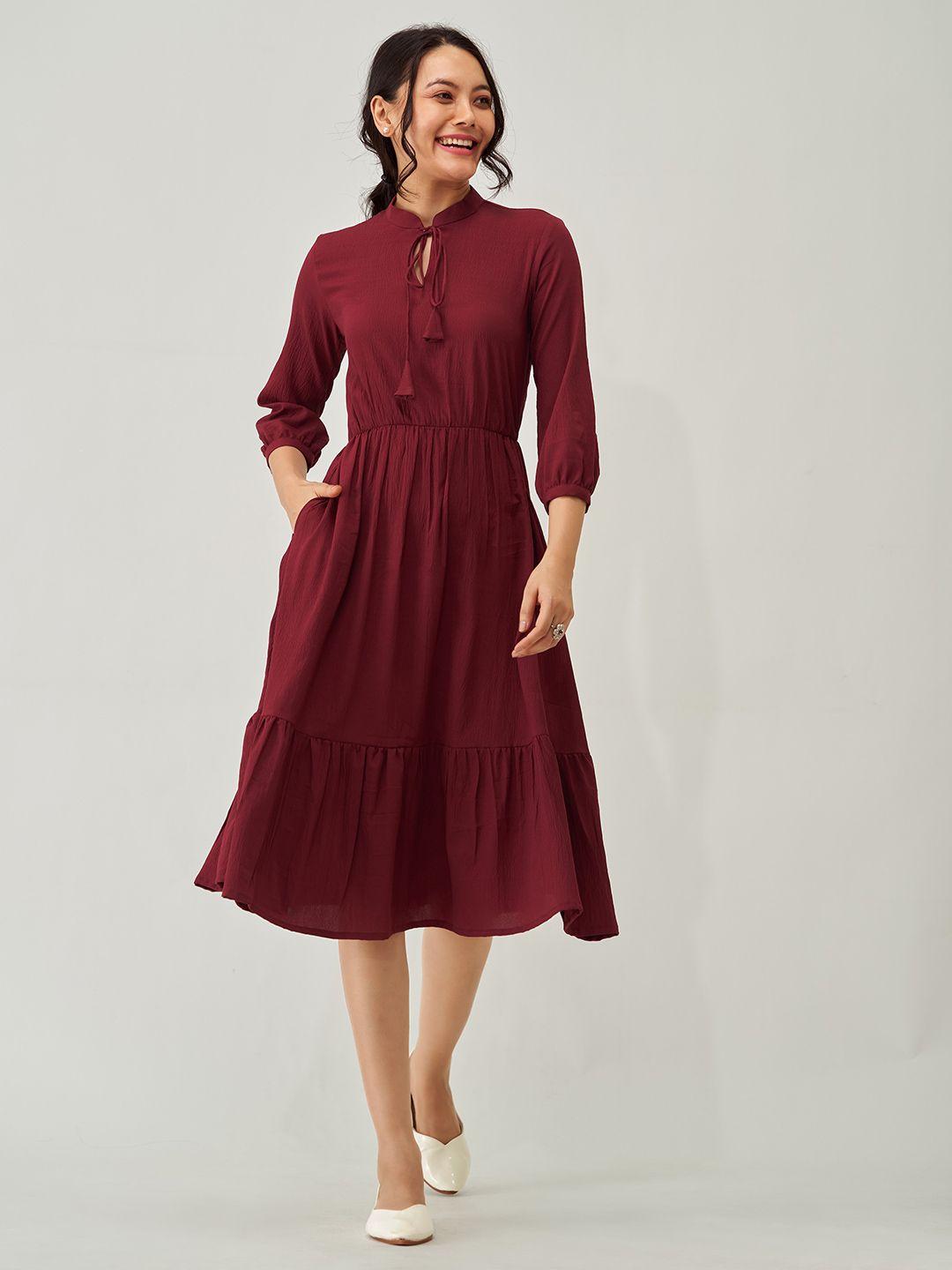 aask tie-up neck puff sleeve crepe a-line midi dress