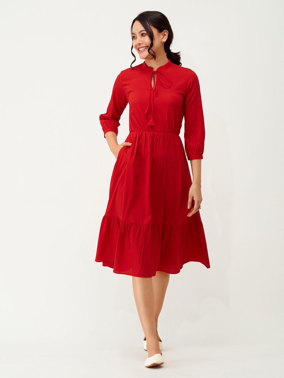 aask tie-up neck puff sleeve crepe a-line midi dress