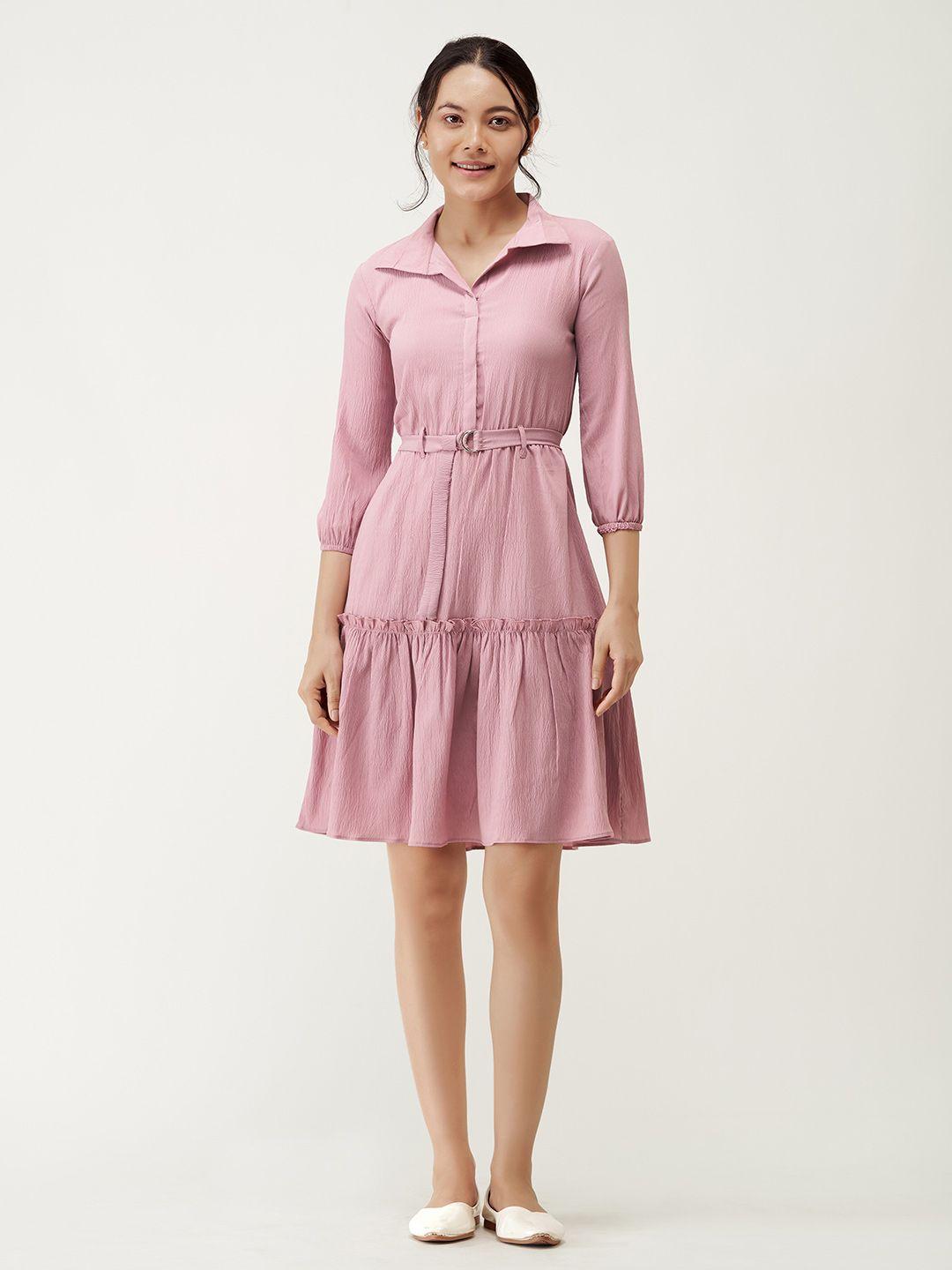 aask tiered crepe dress with belt