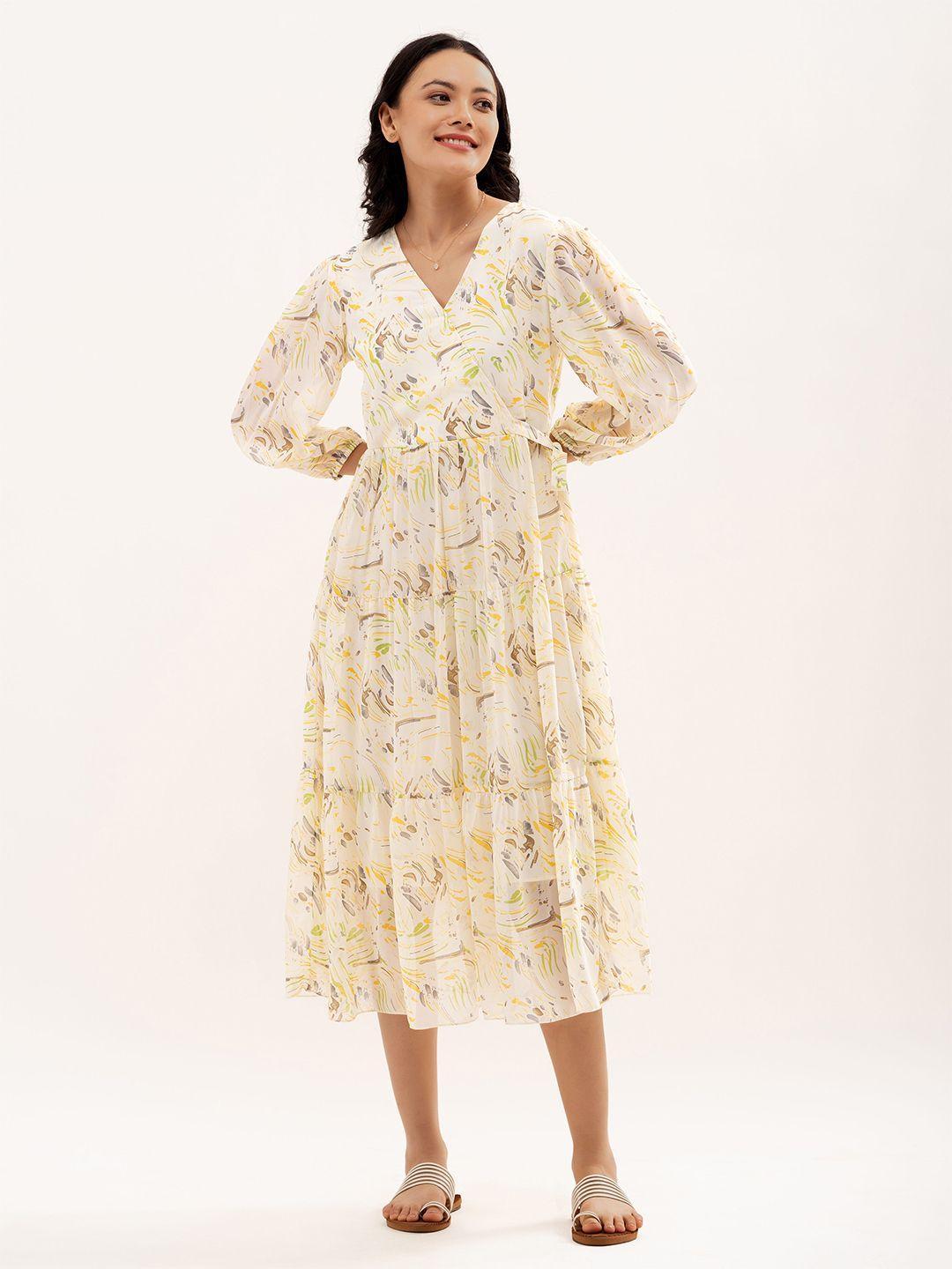 aask yellow floral print flared sleeve fit & flare midi dress