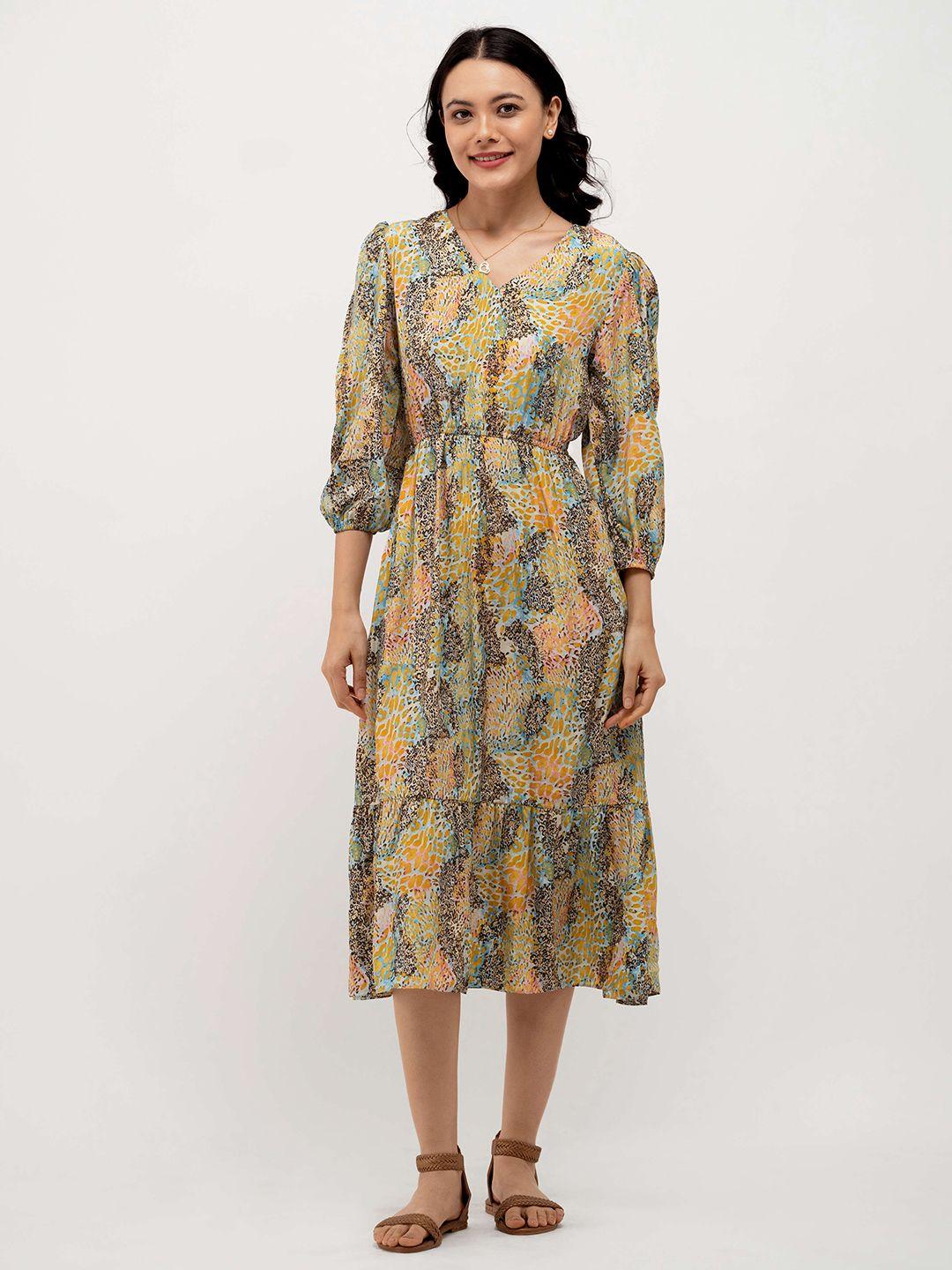 aask yellow floral print puff sleeve crepe fit & flare midi dress