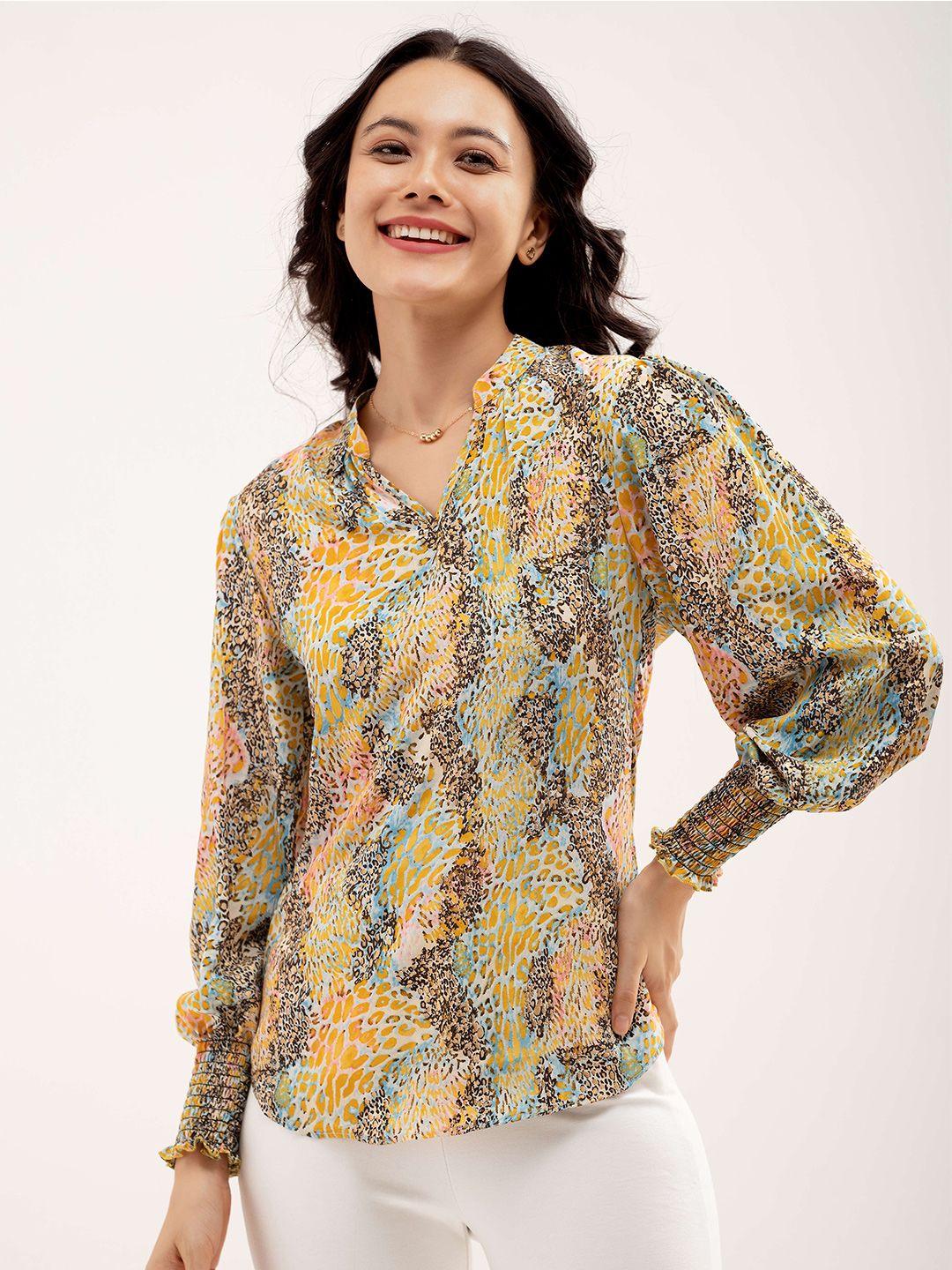 aask yellow floral print tie-up neck crepe wrap top