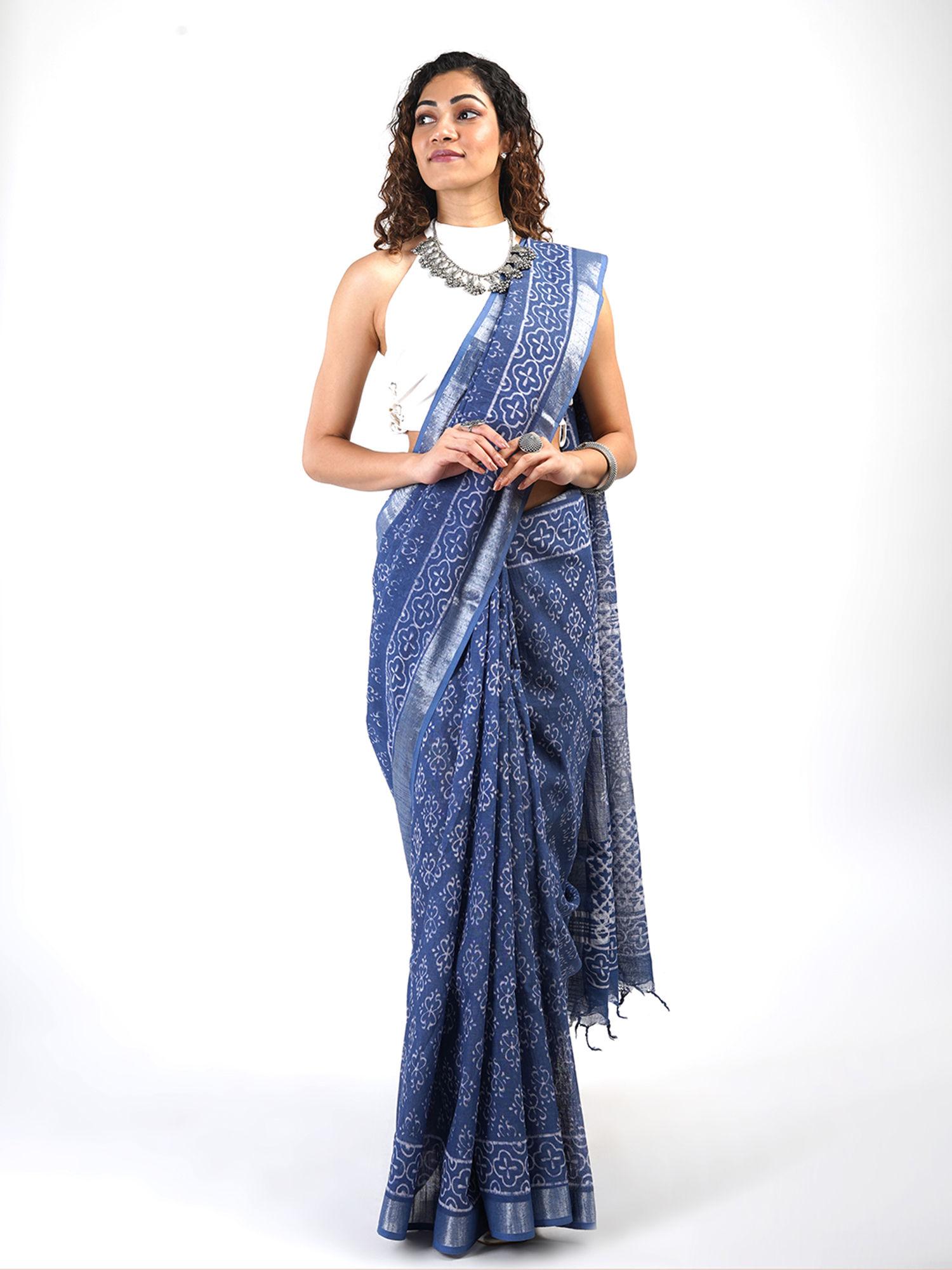 aasmani blue block print linen cotton saree with unstitched blouse