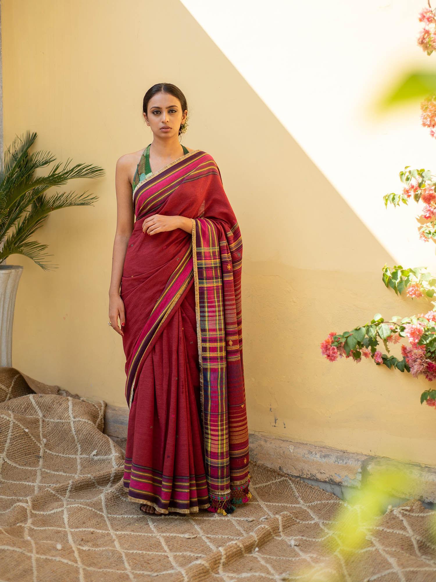 aava - burgundy organic cotton saree with unstitched blouse