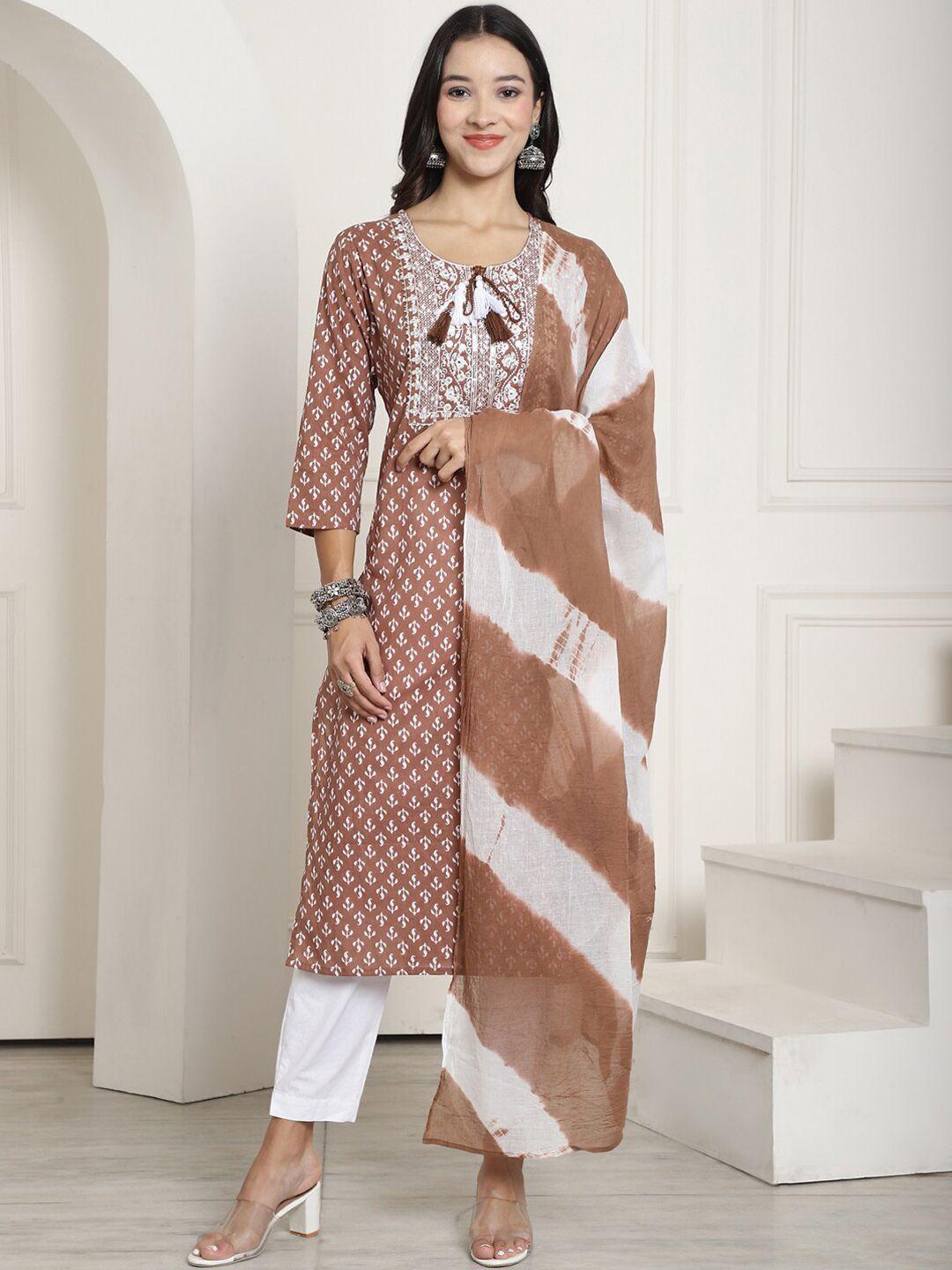 aawari ethnic motifs printed regular thread work pure cotton kurta with trousers & dupatta