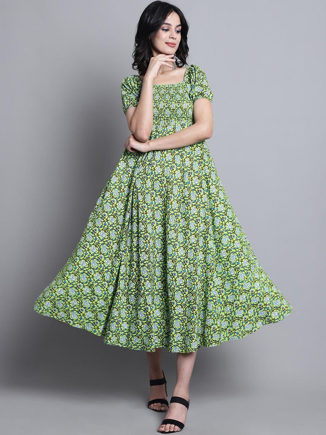 aawari ethnic motifs printed smocked detailed square neck puff sleeves a-line midi dress