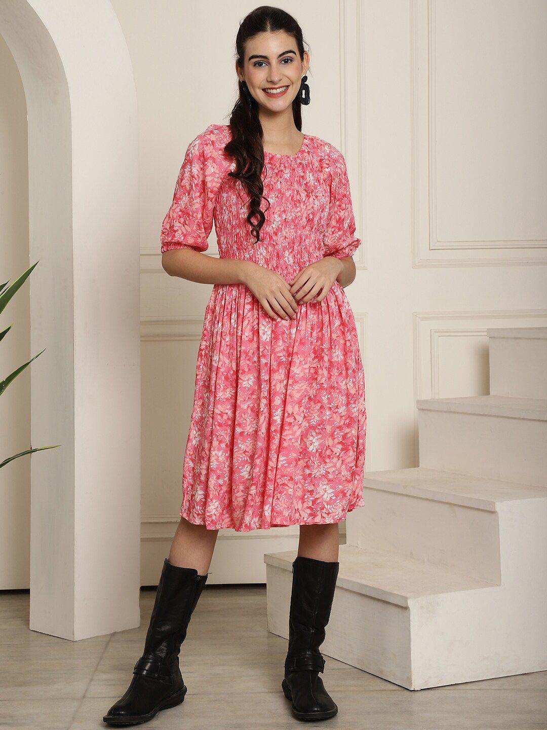 aawari floral printed square neck puff sleeves gathered detailed fit & flare dress