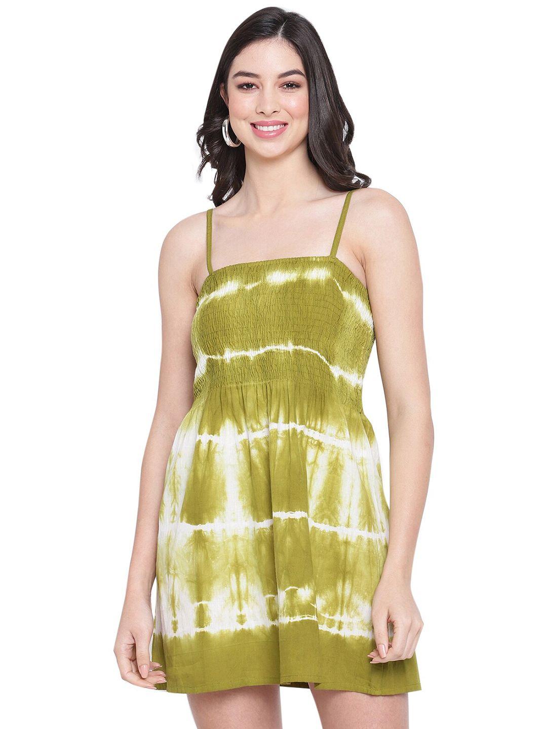 aawari green & white tie and dye dyed smocked fit & flare mini dress
