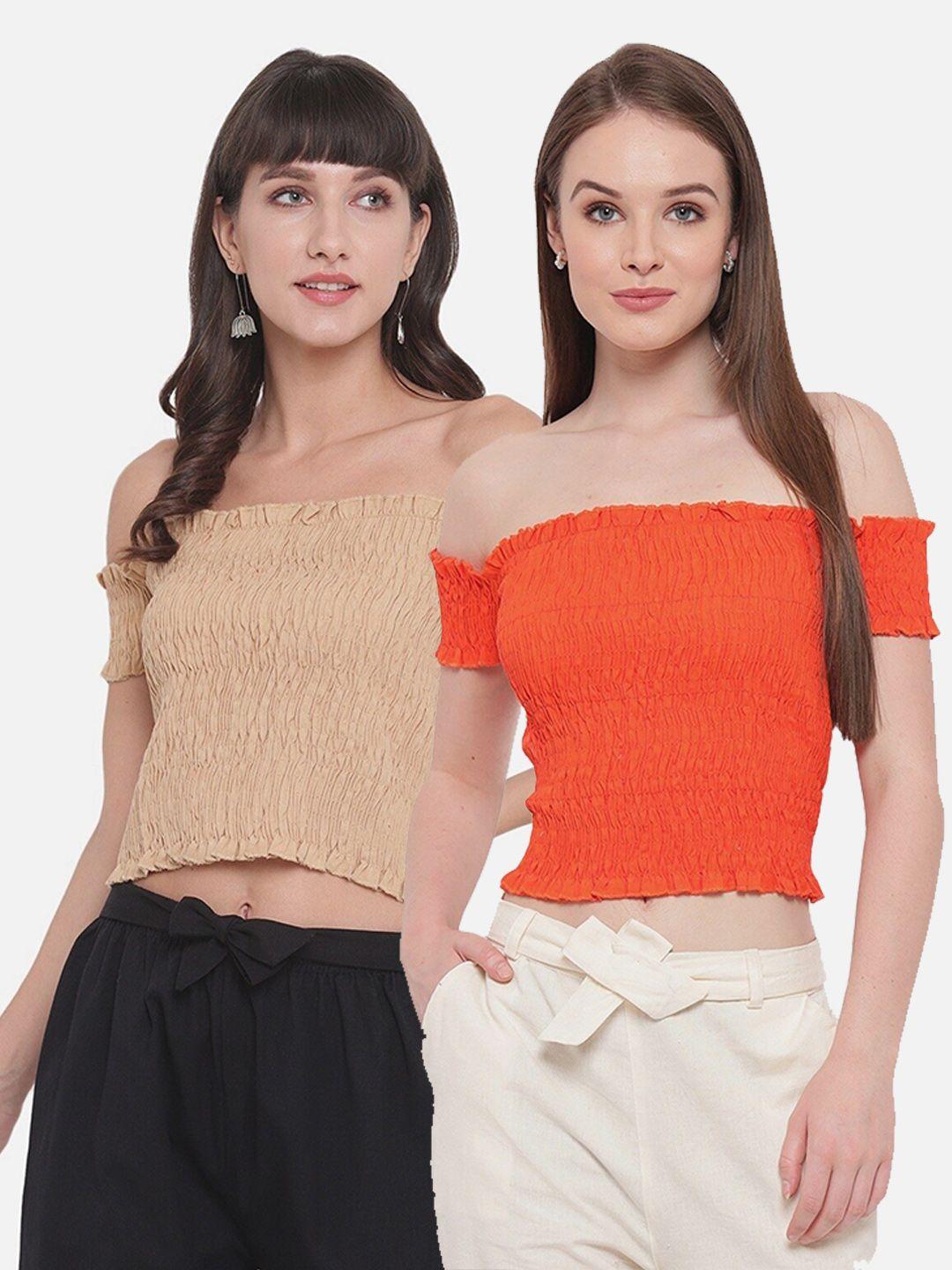 aawari set of 2 beige & orange off-shoulder bardot tops