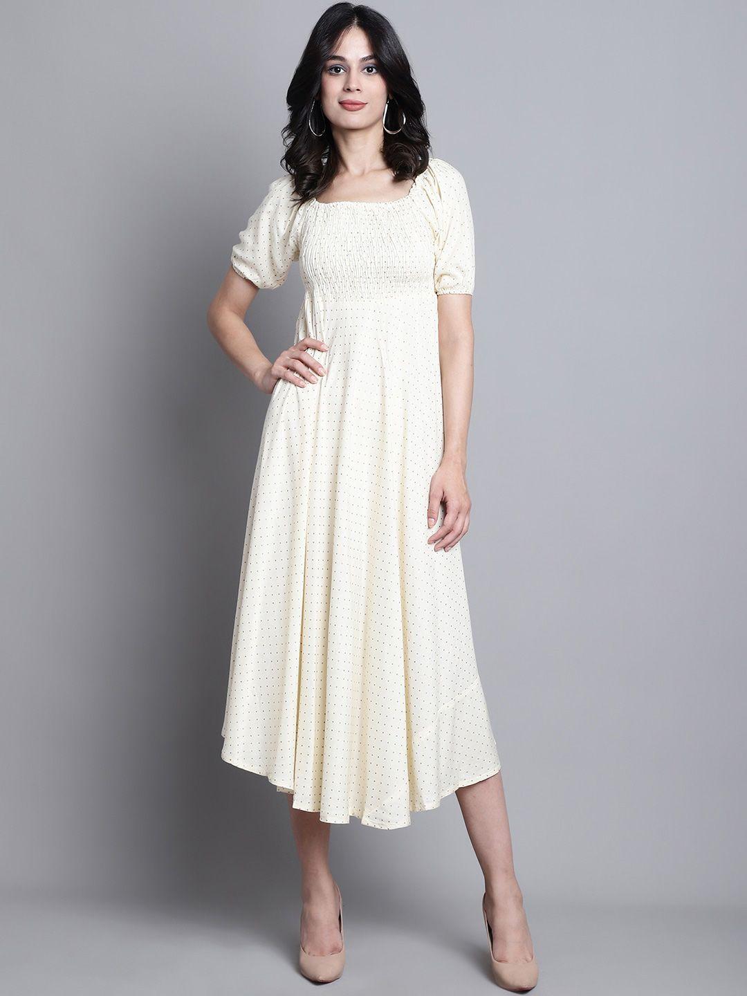 aawari smocked detailed square neck puff sleeves a-line midi dress