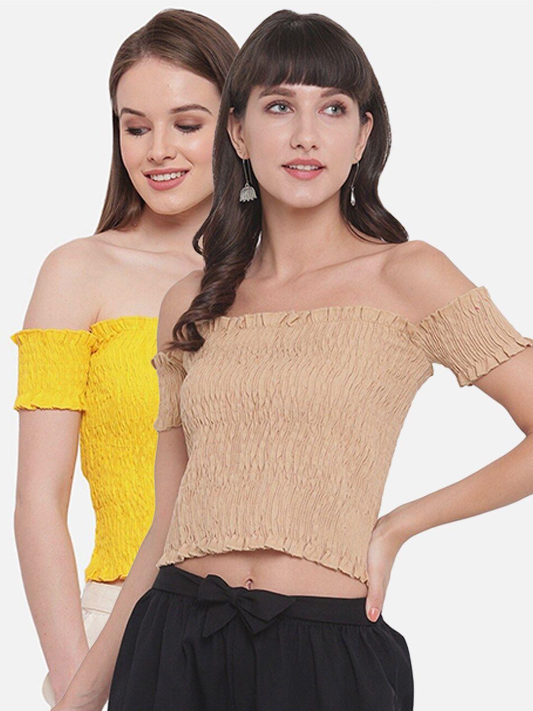 aawari tan & yellow 2 off-shoulder top