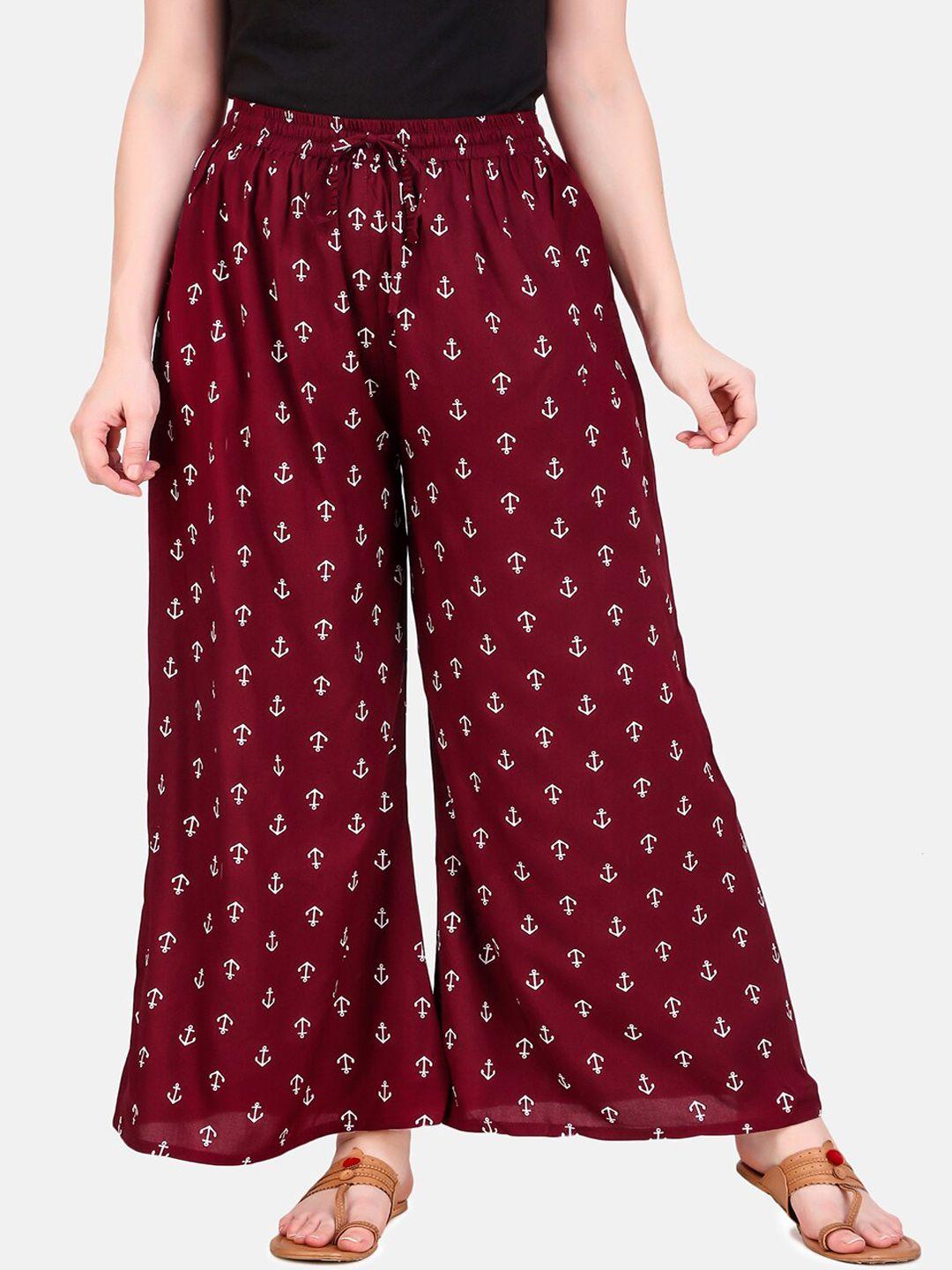 aawari women maroon regular fit printed parallel trousers