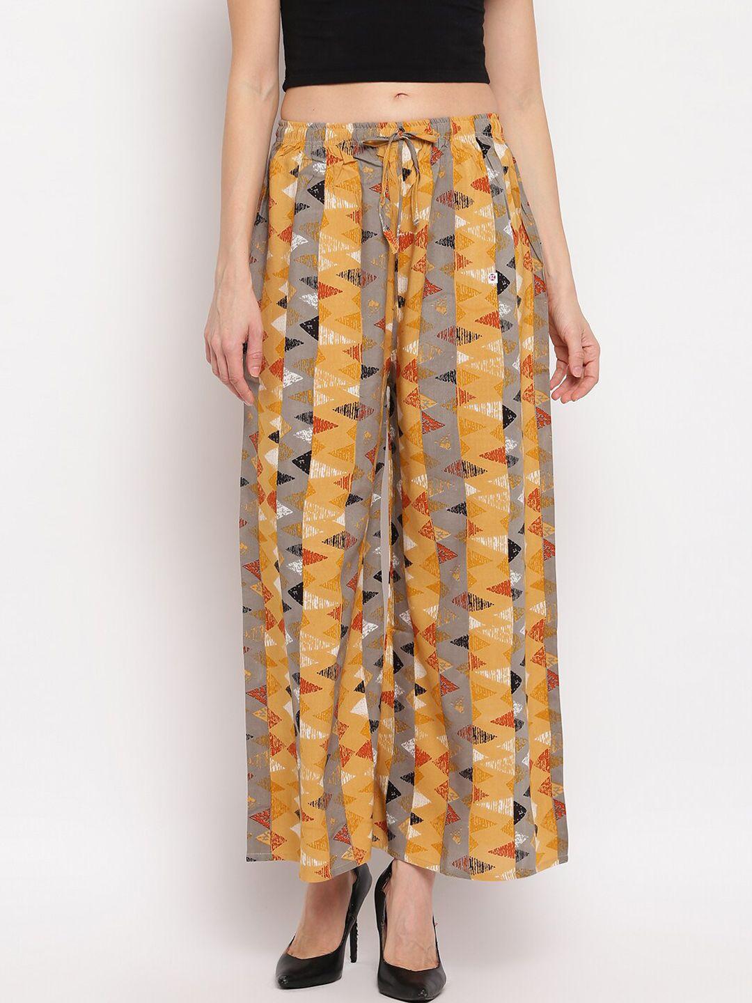 aawari women mustard yellow printed high-rise parallel trousers