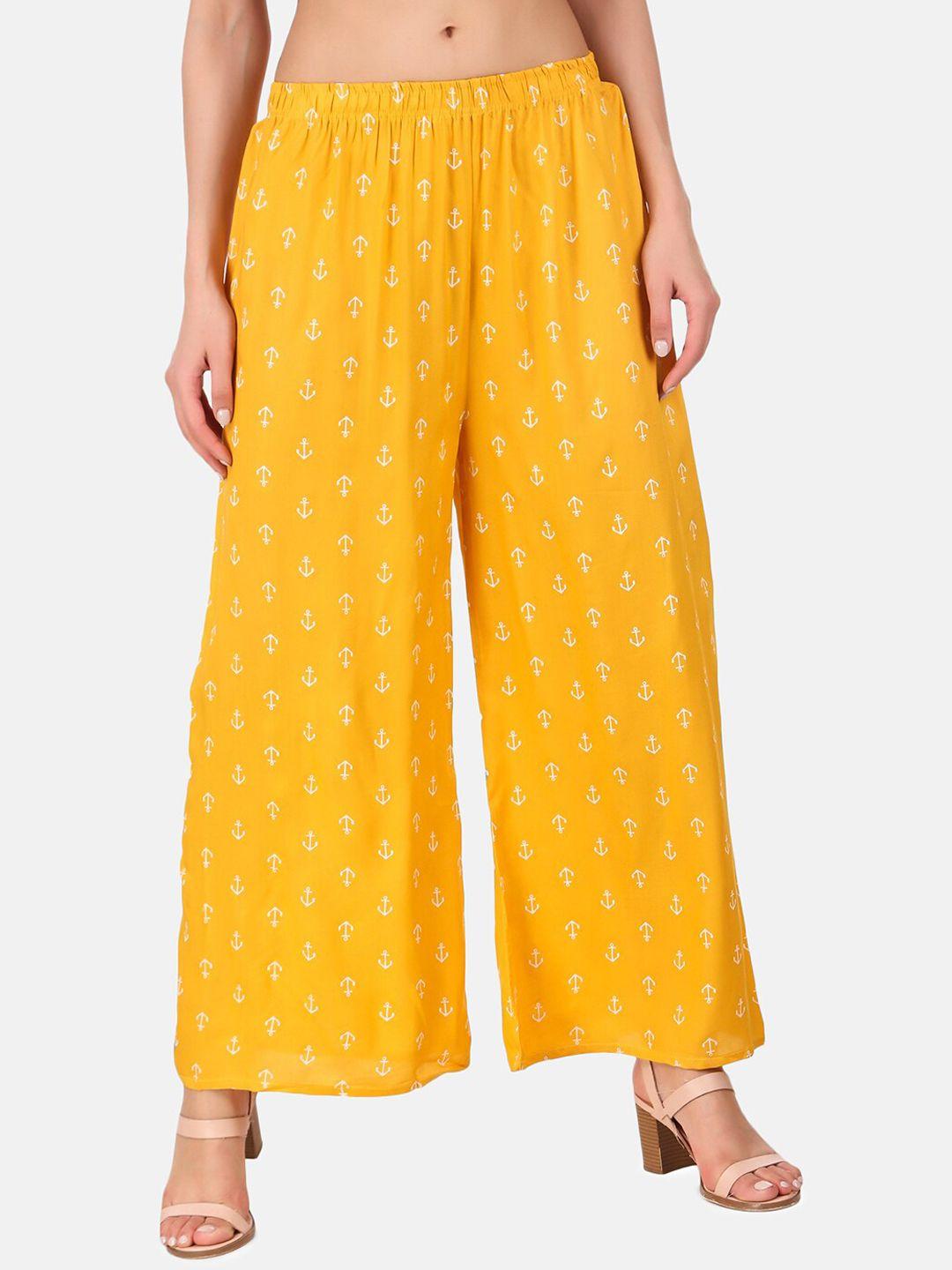 aawari women mustard yellow printed high-rise pleated trousers