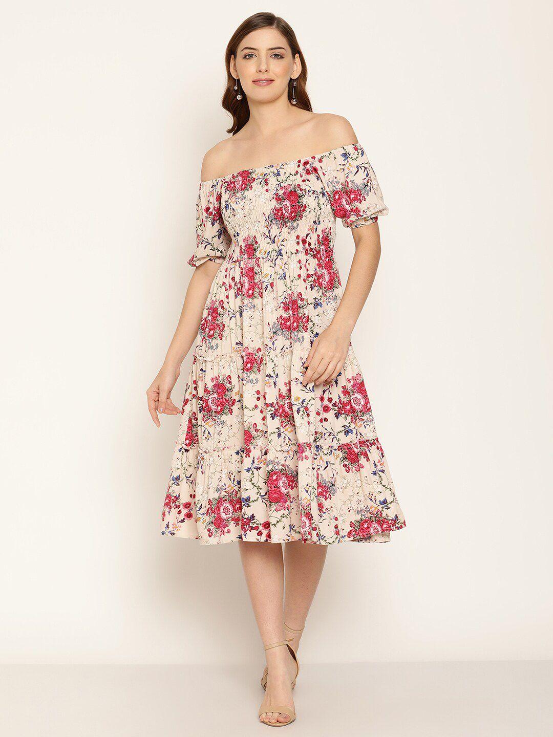 aawari beige & red floral off-shoulder midi dress