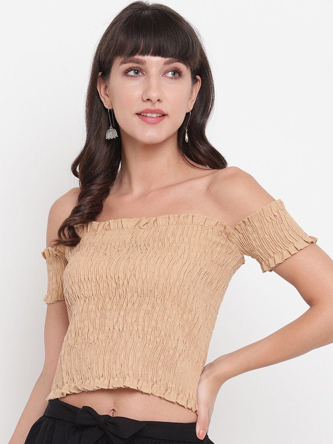 aawari beige off-shoulder bardot crop top