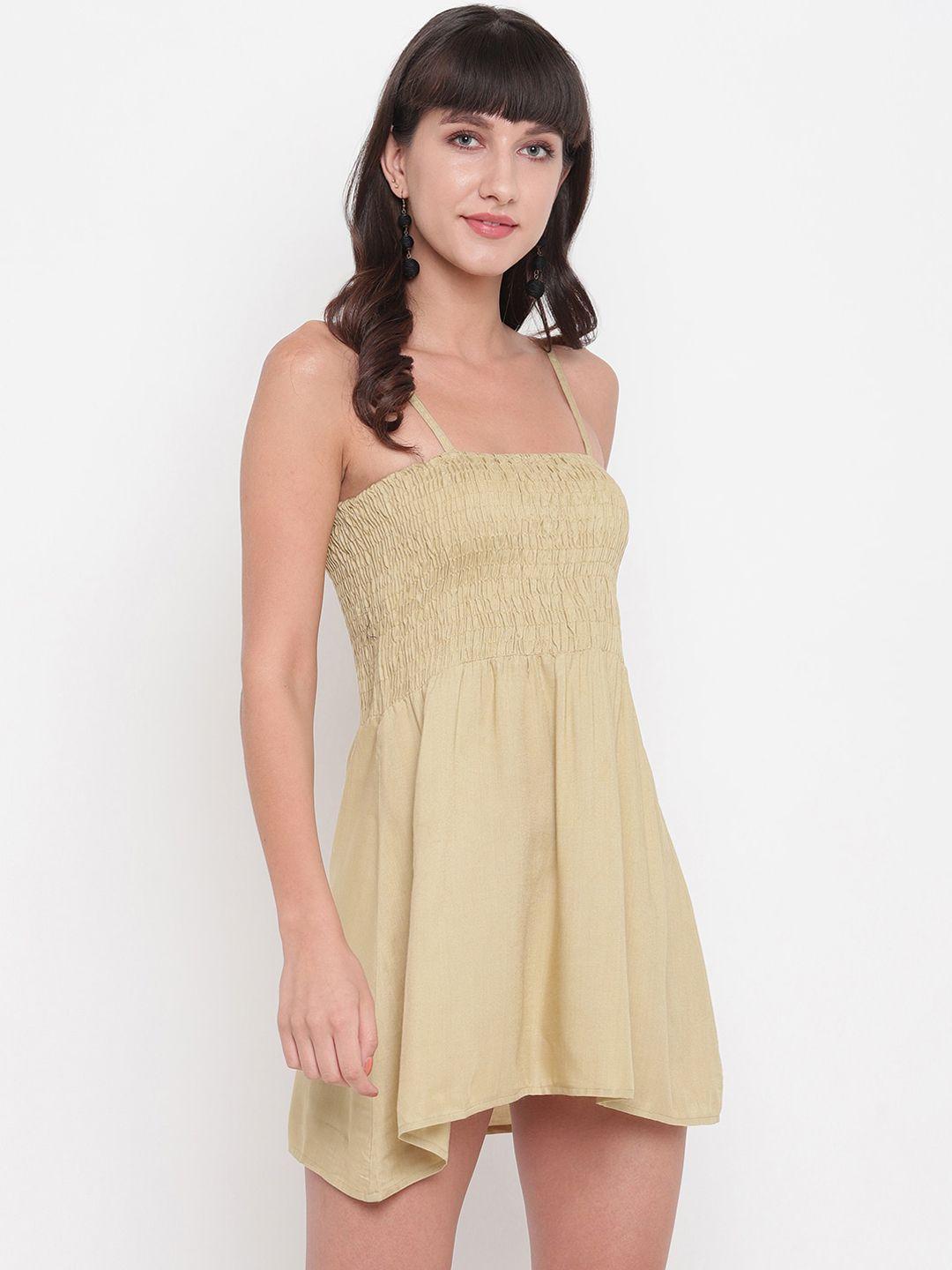 aawari beige smocked fit and flare mini dress