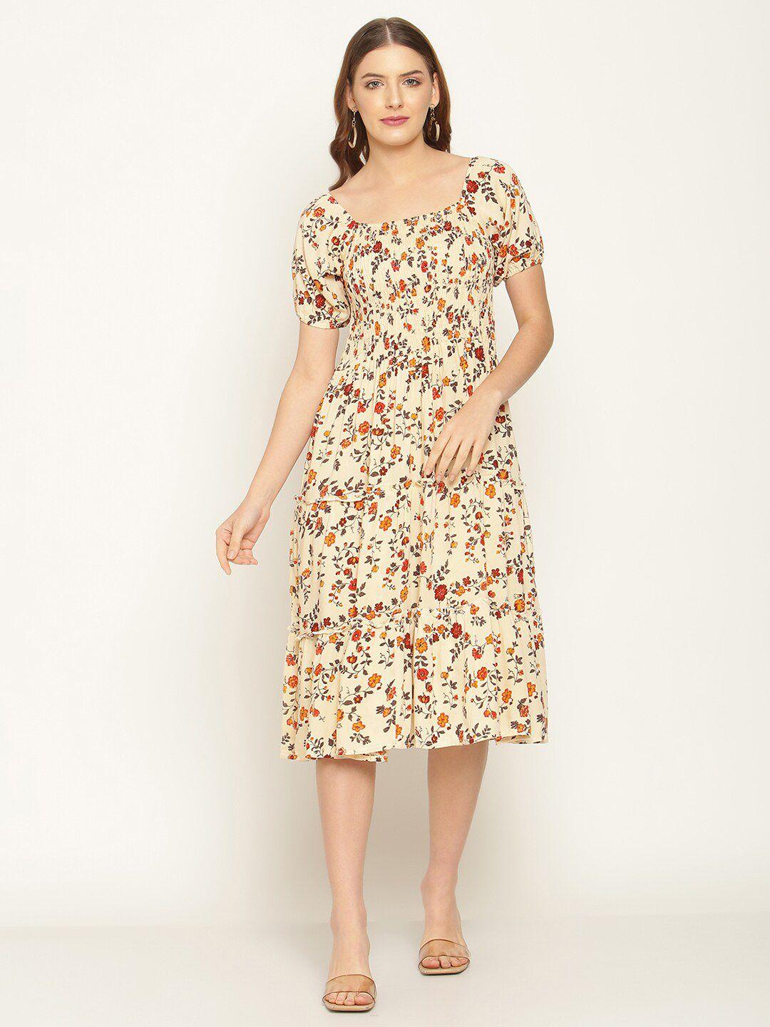 aawari cream-coloured & orange floral smocked tiered a-line midi dress