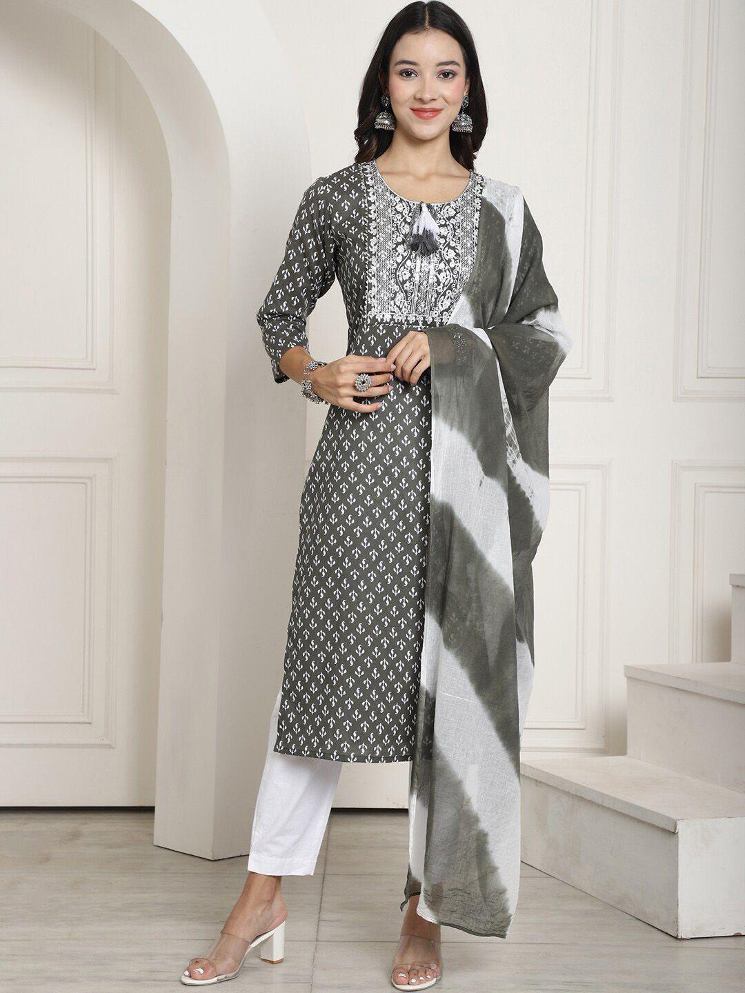 aawari ethnic motifs printed regular thread work pure cotton kurta & trousers with dupatta