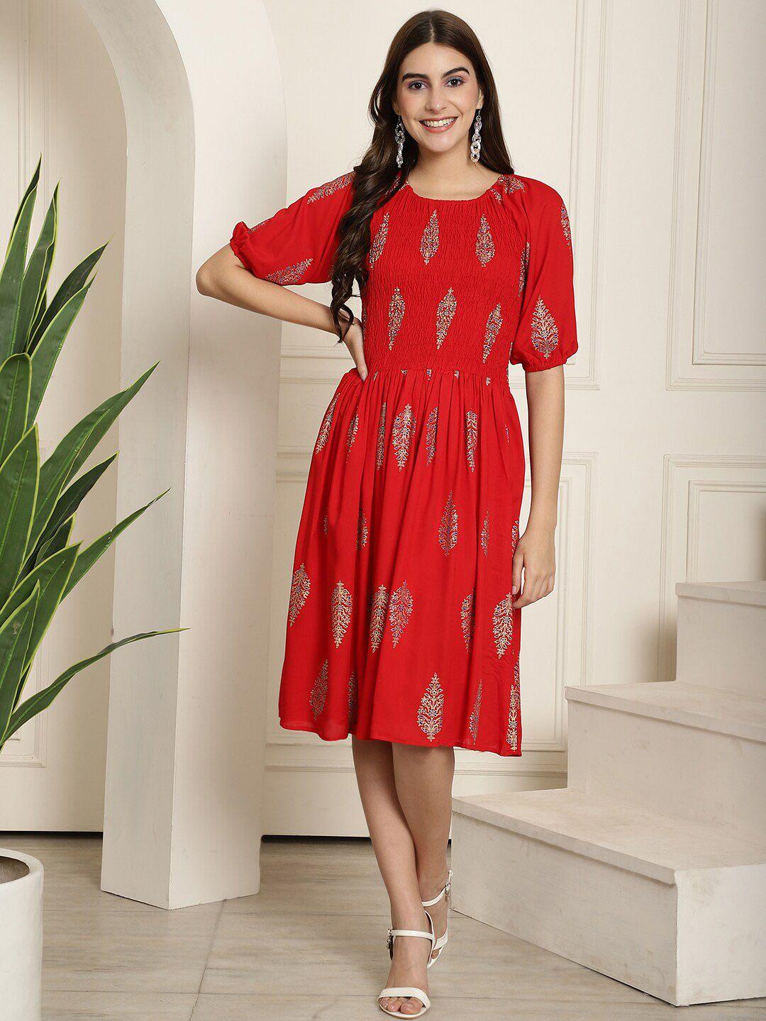 aawari ethnic motifs printed round neck puff sleeve smocked fit & flare dress