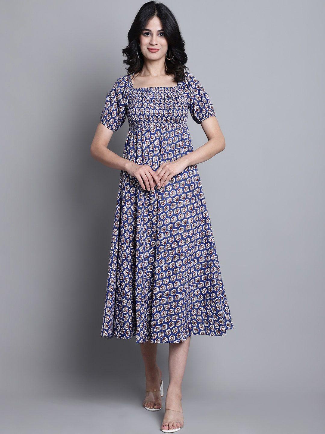 aawari ethnic motifs printed smocked puff sleeves fit and flare midi dress