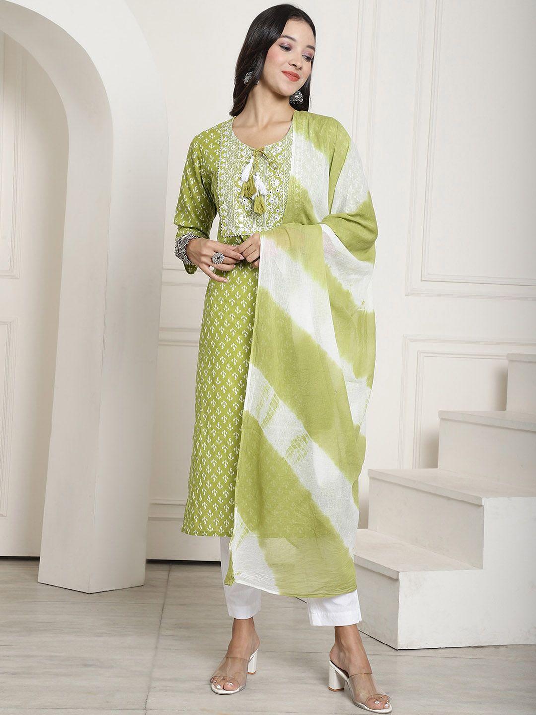 aawari ethnic motifs printed thread work pure cotton kurta & trousers with dupatta