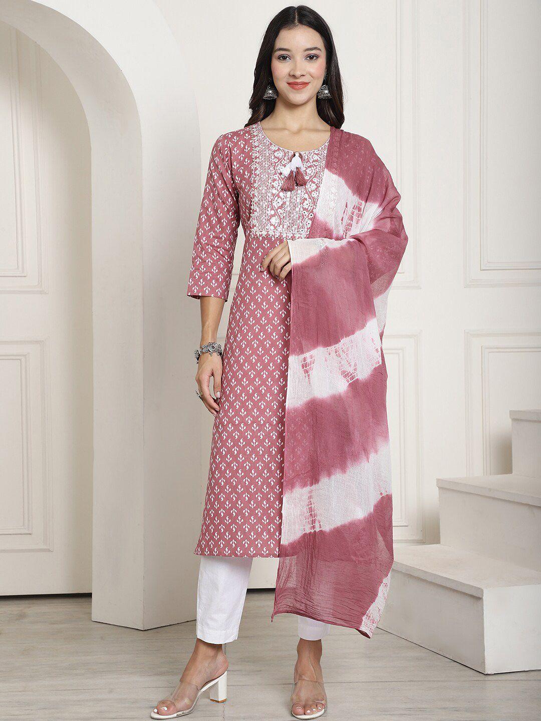 aawari ethnic motifs printed thread work pure cotton kurta with trousers & dupatta