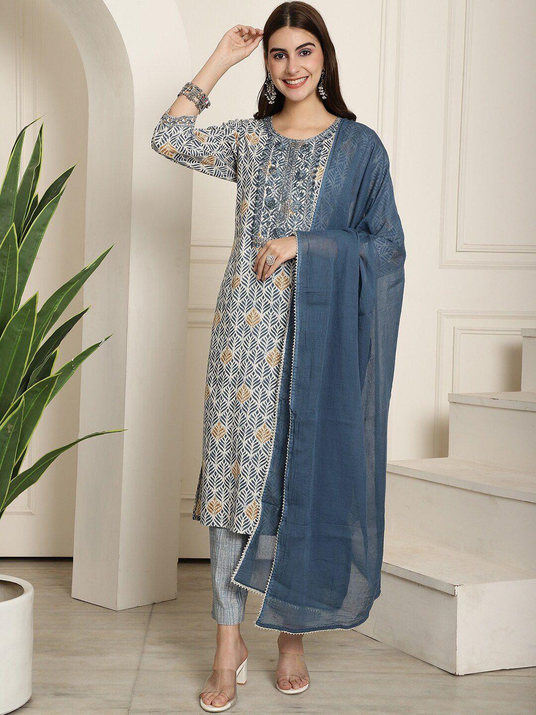 aawari ethnic motifs printed thread work pure cotton kurta with trousers & dupatta