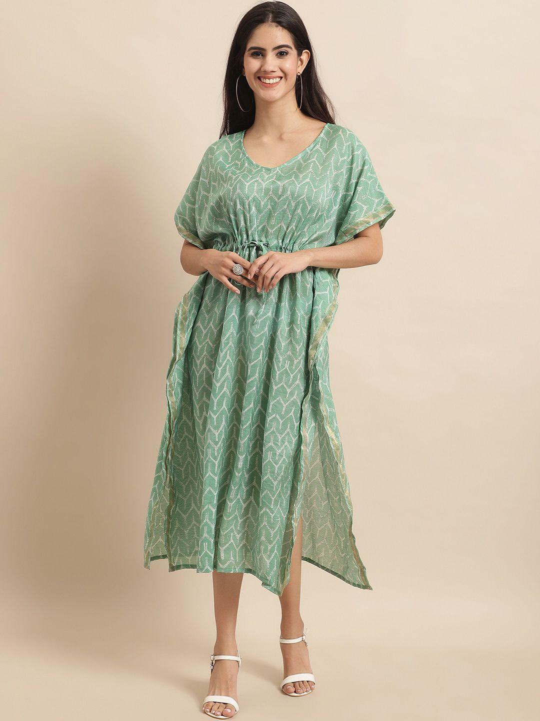 aawari ethnic motifs printed v-neck gathered detailed silk kaftan midi dress