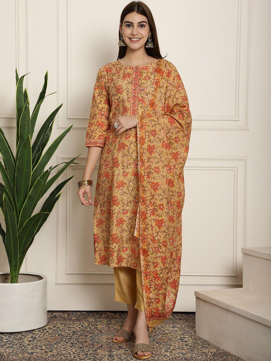 aawari floral printed regular chanderi silk kurta with trousers & dupatta