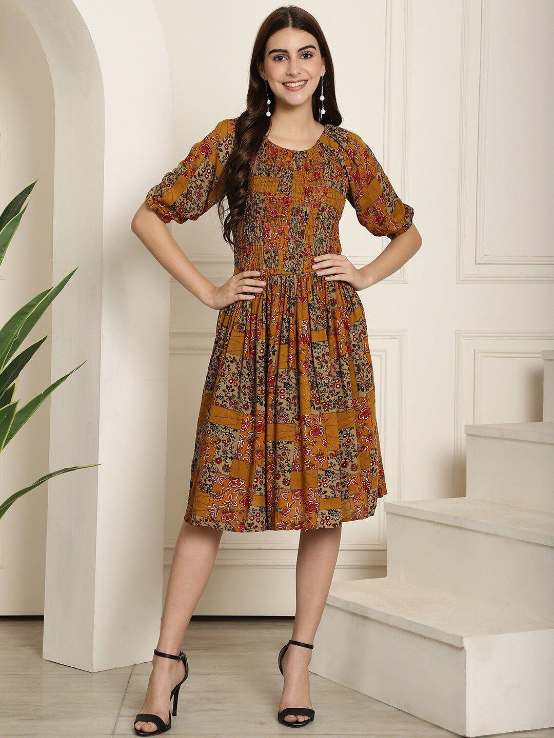 aawari floral printed round neck puff sleeve smocked fit & flare dress