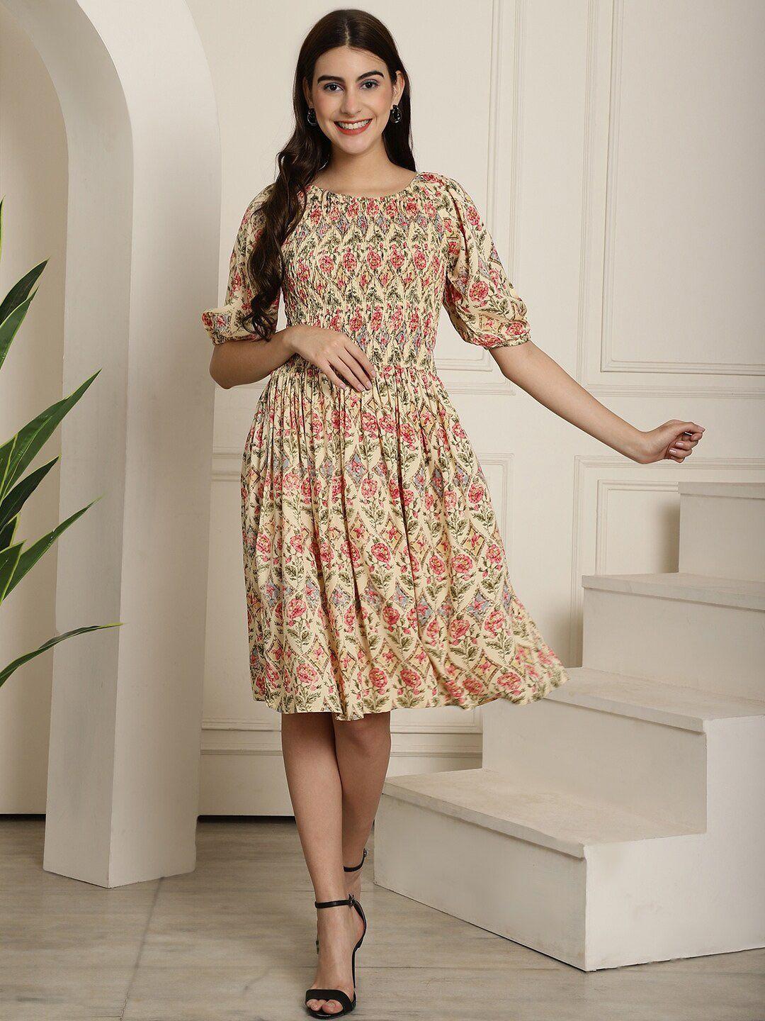 aawari floral printed round neck puff sleeve smocked fit & flare dress