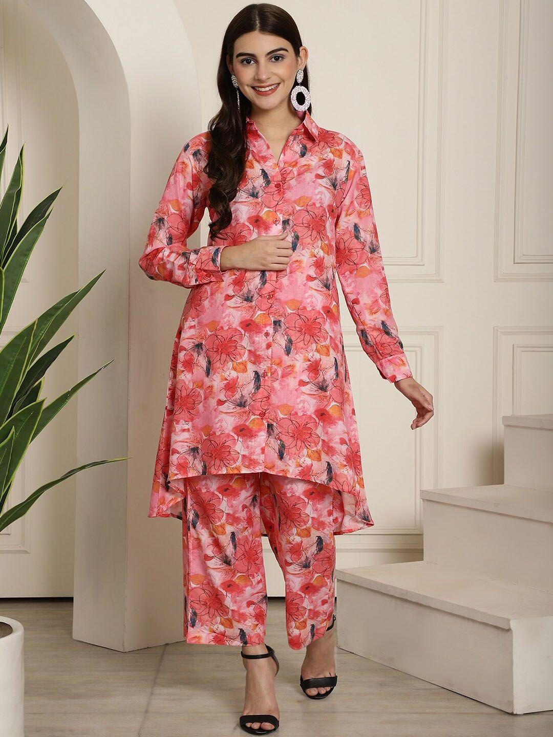 aawari floral printed shirt collar cuffed sleeves pure cotton a-line kurta with palazzo