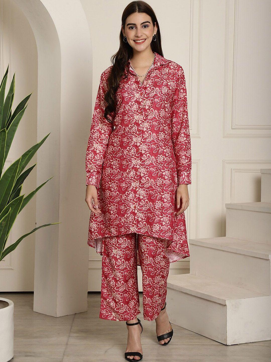 aawari floral printed shirt collar cuffed sleeves pure silk a-line kurta with palazzo