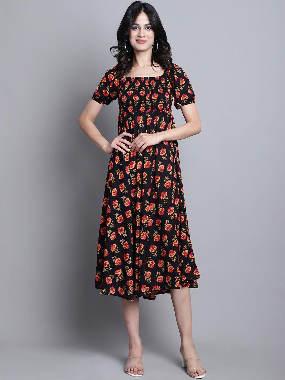 aawari floral printed smocked detailed square neck puff sleeves a-line midi dress