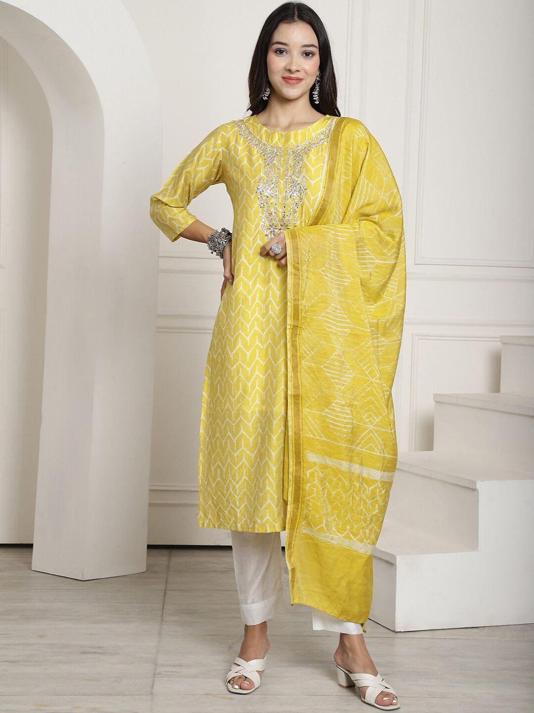 aawari geometric printed regular thread work straight kurta & trousers with dupatta