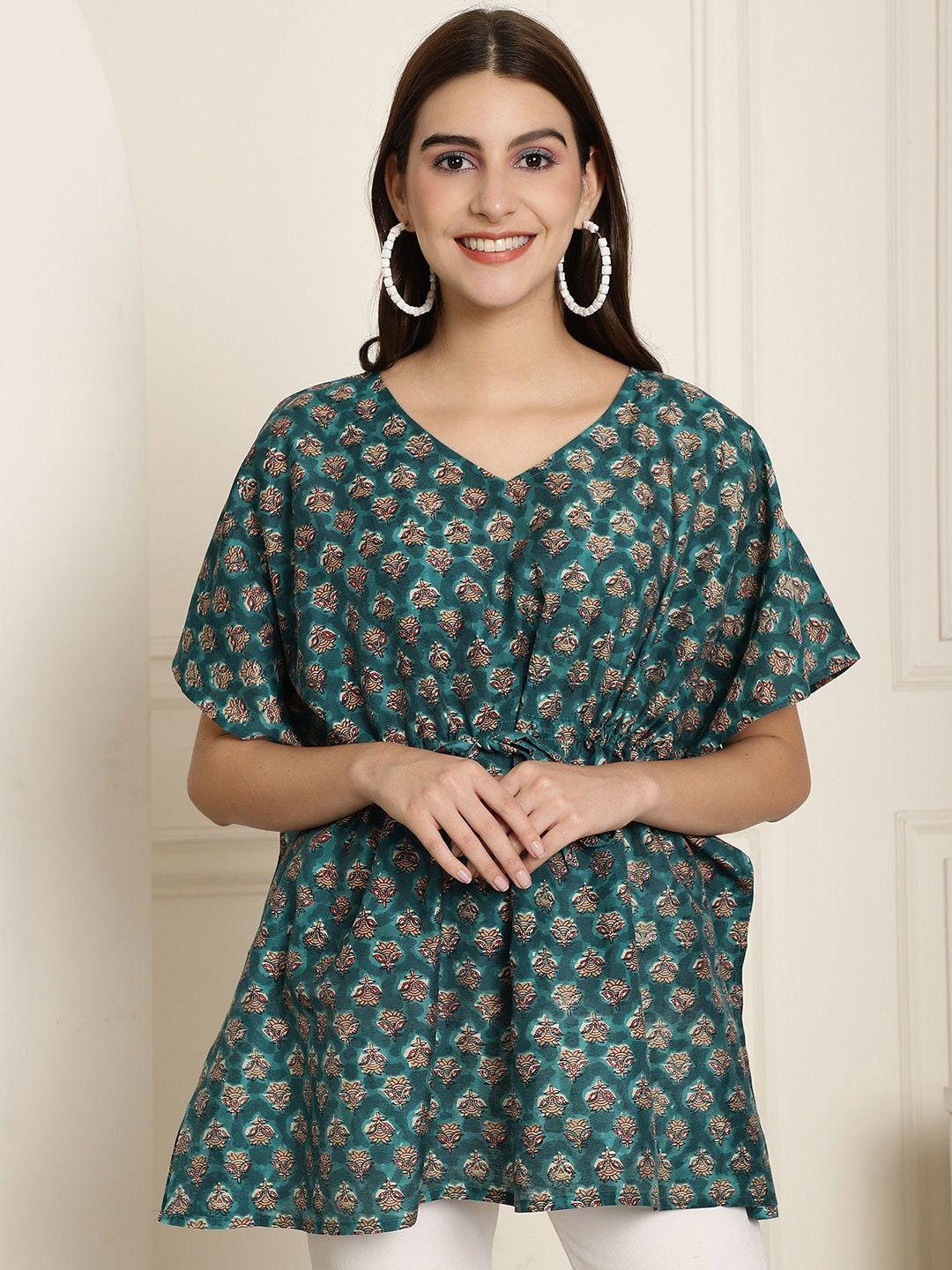 aawari green floral print extended sleeves pure silk cinched waist top