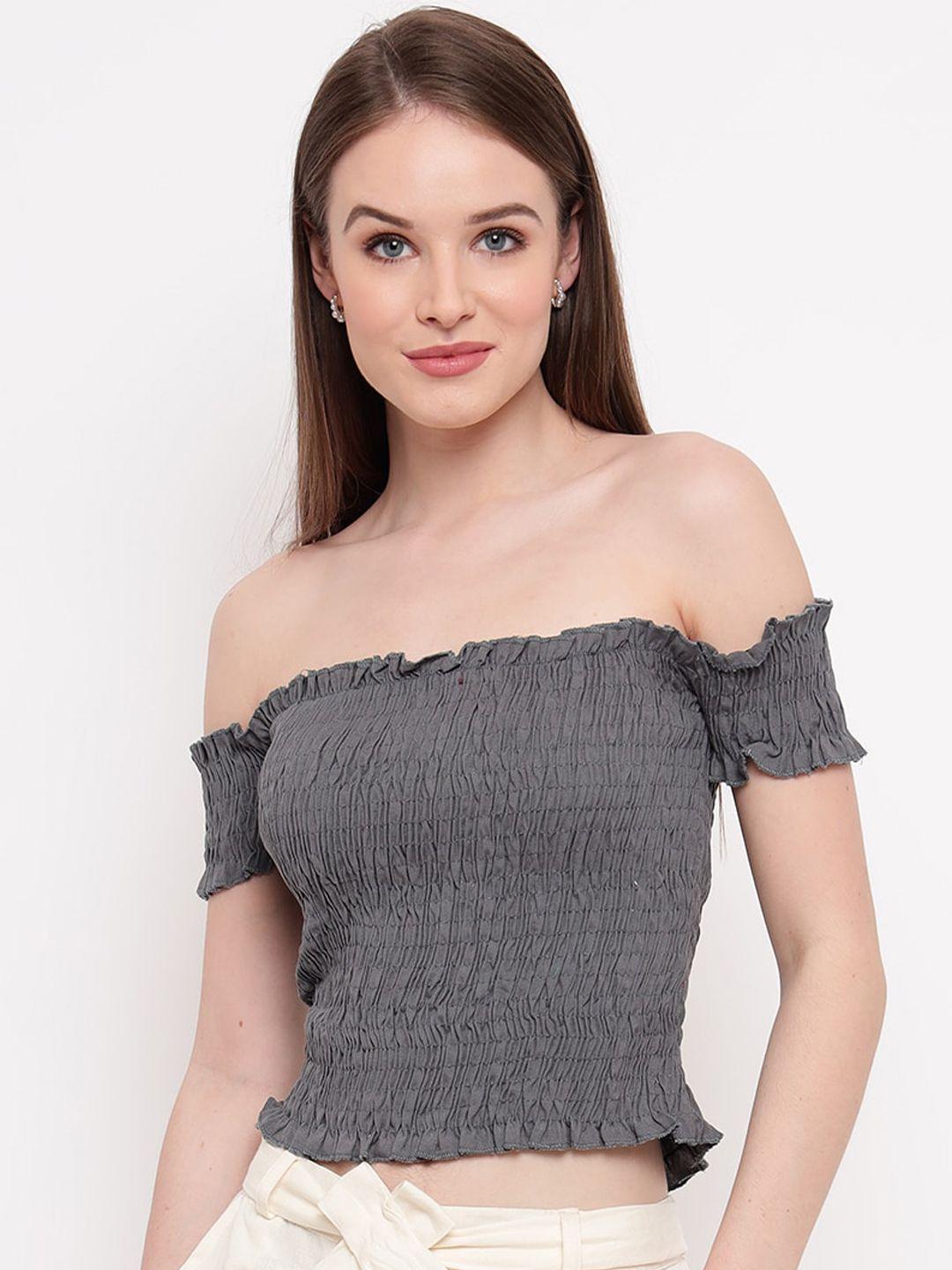 aawari grey off-shoulder bardot crop top