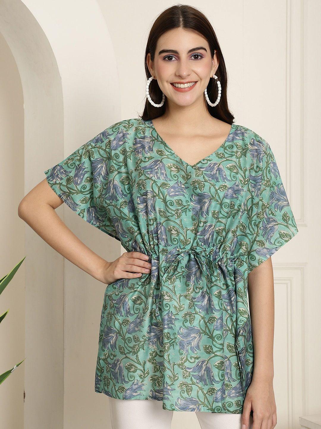aawari lime green floral print extended sleeves pure silk cinched waist top