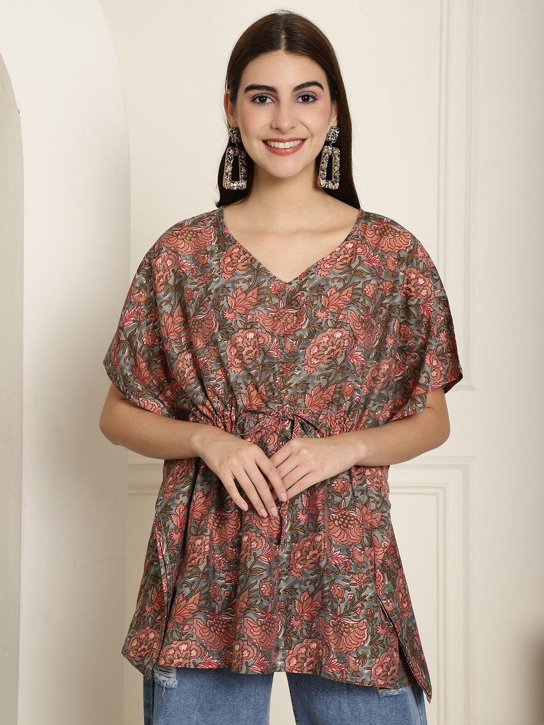 aawari multicoloured floral print extended sleeves pure silk cinched waist top