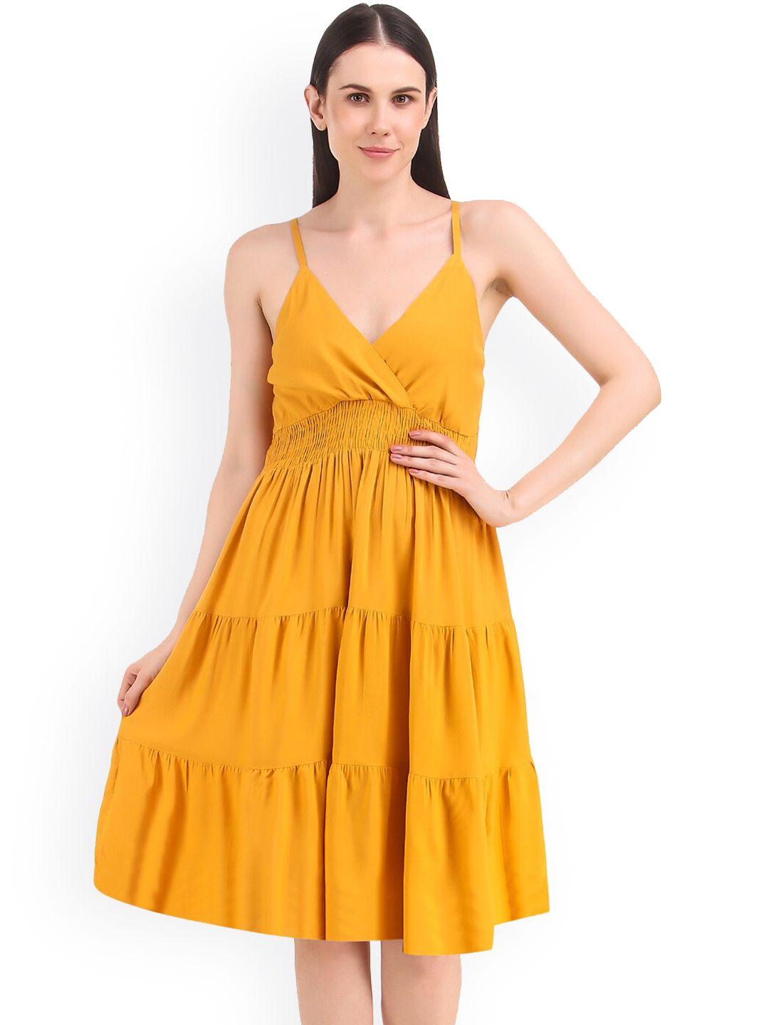aawari mustard yellow layered fit & flare dress