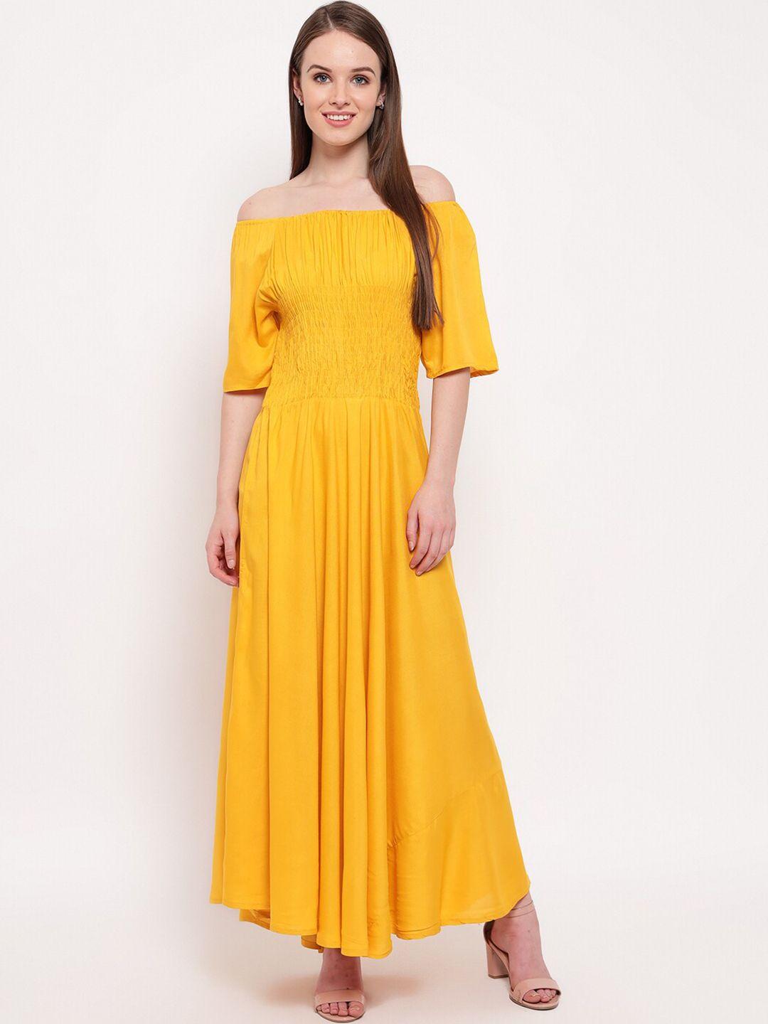 aawari mustard yellow off-shoulder rayon maxi dress